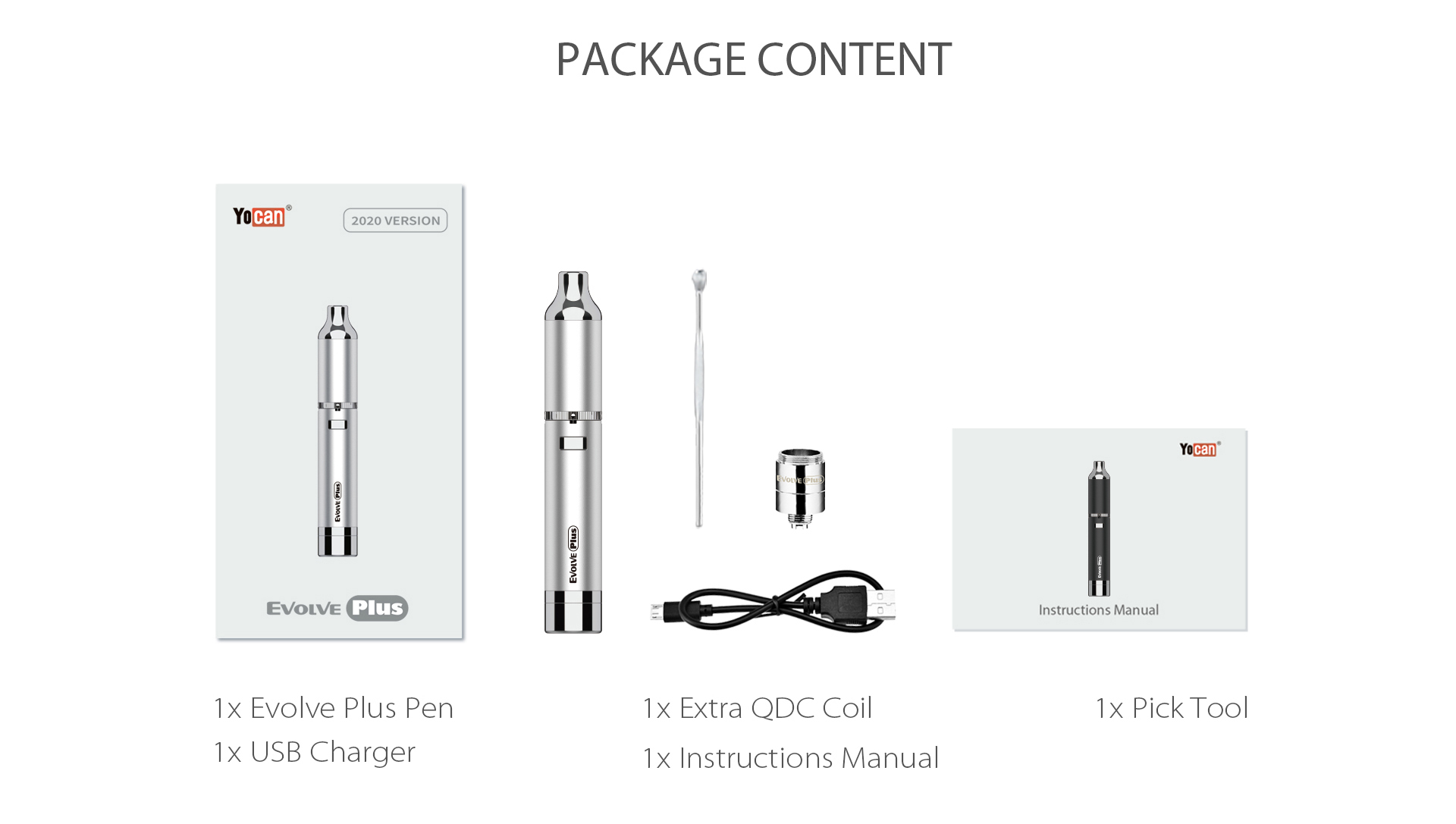Yocan Evolve Plus XL Vaporizer 2020 version package content.